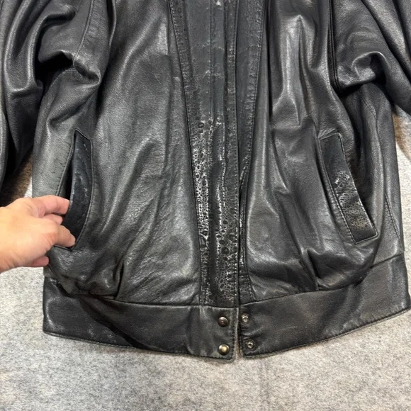 Vintage 80s Black Leather Bomber Jacket Women Oversized Puff Sleeve Retro Grunge - Picture 8 of 16